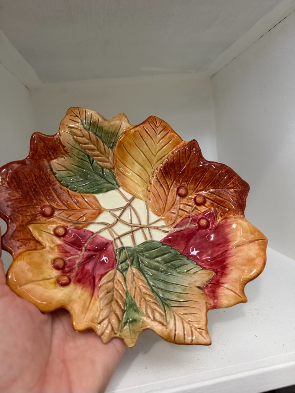 Fitz and Floyd Glazed Ceramic Leaf Dish in Red, Green, Yellow, Cream